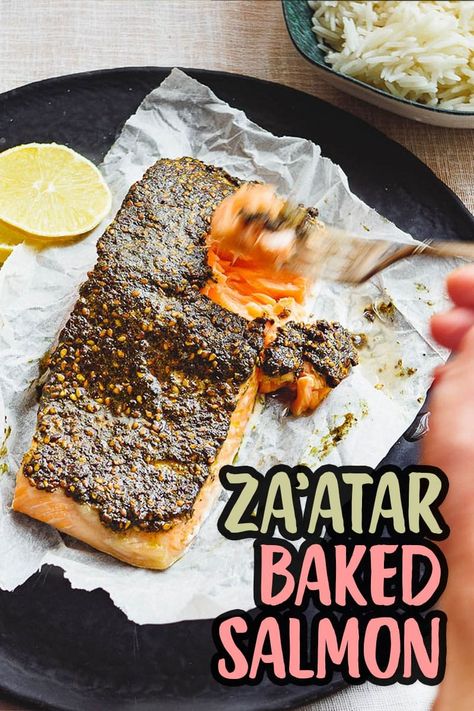 Delicious and simple recipe for za'atar baked salmon. A modern Middle Eastern take on baked salmon with plenty of flavour! Serve with a couple of simple sides for a nutritious and delicious midweek (or weekend!) meal! Jewish Salmon Recipe, Middle Eastern Salmon Recipes, Zaatar Salmon, Simple Sides, Paleo Salmon, Za Atar, Weekend Meals, Salmon Filet, Tahini Sauce