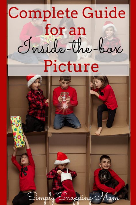 Come learn all you need to know about rocking an "inside-the-box" photo. Includes how to prepare, what you need, and how to edit in photoshop. #photographyideas #christmaspictureideas #insidetheboxpictures #photographytips #familypictures #funpictureideas #funnychristmaspictures #creativephotographyideas Out Of The Box Family Photoshoot Ideas, Easy Diy Christmas Photo Shoot, Christmas Photo Shoot Backdrop, Christmas In A Box Ideas, Photo Box Christmas, Photos In A Box Ideas, Christmas Box Photography, Inside The Box Photography Christmas, Diy Holiday Cards Photo