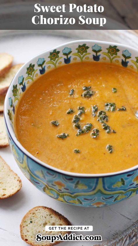 Sweet Potato Chorizo Soup in a blue bowl. Sweet Potato Chorizo Soup, Potato Sausage Soup, Sweet Potato Chorizo, Chorizo Soup Recipes, Sweet Potato Sausage, Potato Chorizo, Chorizo Soup, Potato Sausage, Fried Sage