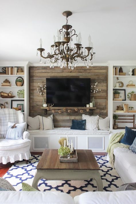 French Country Tv Wall, Shiplap Tv Wall, Natural Shiplap, Tv Hanging, Simple Living Room Designs, Ruang Tv, Tv Area, Furnitur Ruang Keluarga, Farmhouse Living Room Decor Ideas