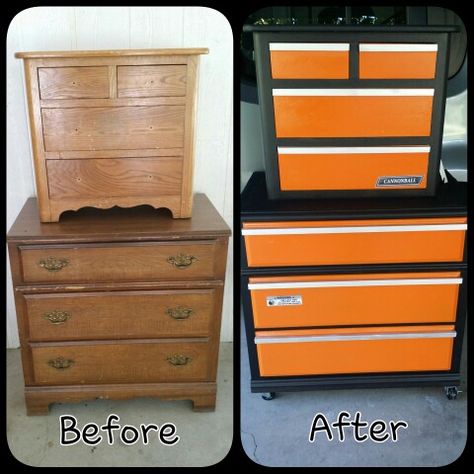 Old chest and nightstand redo converted to toolbox chest for boys auto themed bedroom. #madscatters Tool Chest Dresser, Vintage Car Themed Bedroom, Toolbox Nightstand, Truck Bedroom For Boys, Truck Themed Boys Room, Boys Cars Bedroom, Cars Room Theme Little Boys, Boys Car Themed Bedroom, Garage Theme Bedroom