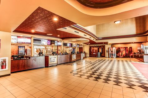 The New Classic Cinemas Woodstock Theatre Concession Stand and Lobby. Theater Concession Stand Ideas, Movie Theater Food Counter, Cinema Interior Design Lobby, Movie Theater Lobby, Movie Theater Design Architecture, Theatre Lobby, Cinema Lobby, Cinema Bar, Old Movie Theater Exterior