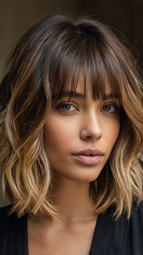 Lob Haircuts with Balayage Bob With Bangs Balayage, Long Bob With Bangs Balayage, Bob Balayage With Bangs, Ombre On Short Hair, Balayage Lob With Bangs, Textured Lob Brunettes, Hair Color List, Bangs And Balayage, Wavy Lob Haircut