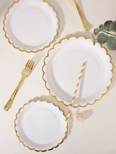 Multicolor  Collar  Paper Plain  Embellished   Event & Party Supplies Engagement Party Decorations Diy, Gold Engagement Party, Paper Plain, White Plastic Plates, Paper Dinner Napkins, Bridal Shower Tables, Engagement Party Decorations, Disposable Plates, White Plates