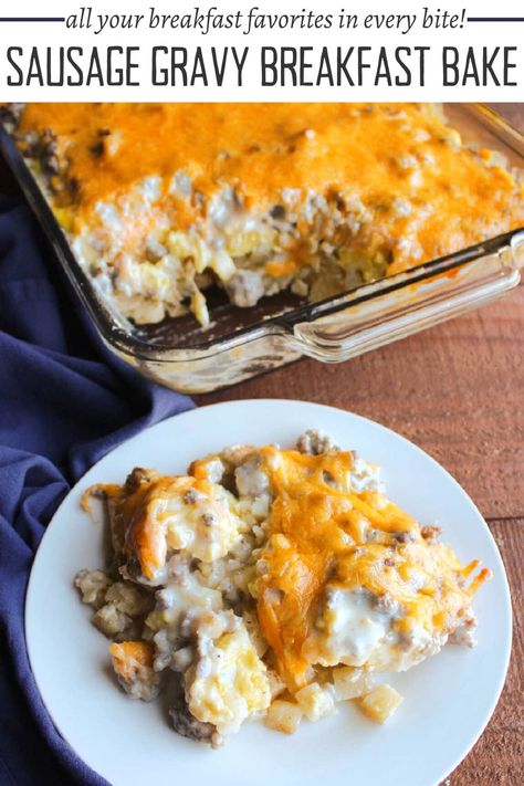 Every layer of this sausage gravy breakfast casserole is good on its own, but baked together, they form an amazing dish. This hearty mix of potatoes, scrambled eggs, sausage gravy and cheese is sure to become a new favorite. Breakfast Casserole With Gravy Eggs, Breakfast Casserole With White Gravy, Breakfast Casserole With Gravy And Hashbrowns, Sausage Gravy Breakfast Casserole Hashbrowns, Biscuits Gravy Egg Casserole, Sausage Egg Hashbrown Casserole With Gravy, Easy Breakfast Casserole With Potatoes, Breakfast Casserole Fresh Potatoes, Sausage Gravy Potato Casserole