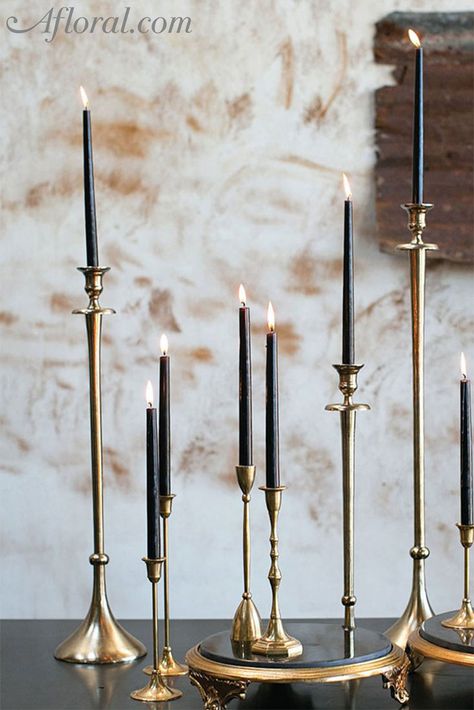 This black candle is perfect to create a dramatic look for your DIY Gothic wedding, or use in your home decor as a unique accent. Antique Candle Sticks, Gold Candle Holders, Romantic Candles, Black Gold Jewelry, Gold Candles, Black Candles, Gothic Decor, Wedding Candles, Candle Set