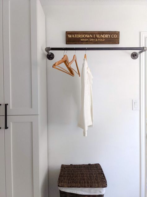 Hanging Rods In Laundry Room, Laundry Storage Cabinet, Closet Rods, Laundry Room Closet, Clothes Rod, Laundry Room Ideas, Sleep Early, Storage Idea, Farmhouse Laundry Room