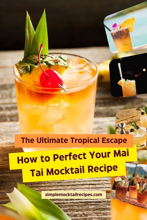 Mai Tai Mocktail Recipe: · 2 ounces orange juice · 2 ounces pineapple juice · 1 ounce lime juice · ½ ounce almond syrup or orgeat syrup · ½ ounce simple syrup (optional, for added sweetness) | Mai Tai Mocktails | Non-Alcoholic Mai Tai Recipe | Non-Alcoholic Mai Tai Punch Mai Tai Mocktail Recipe, Almond Syrup, Tofu Lettuce Wraps, Mai Tai Recipe, Teriyaki Chicken Skewers, Easy Mocktail Recipes, Alcohol Free Drinks, Mocktail Recipes, Fresh Fruit Salad