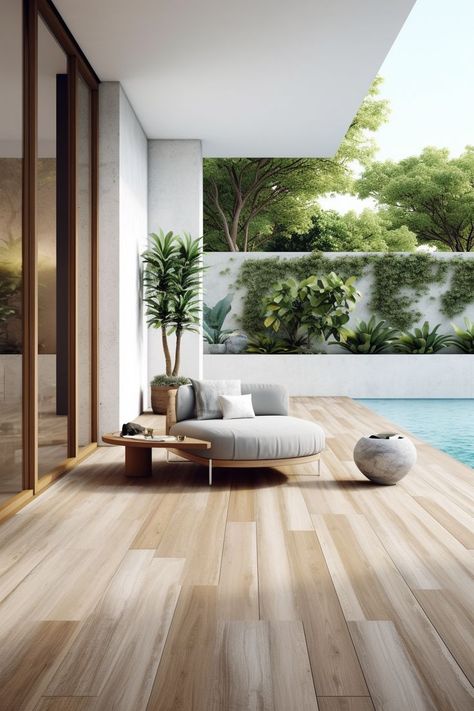 Wooden Floor, Design Seating Place & Stylish Pool | Harmonize your Home Terrace Wooden Floor, Wooden Tiles Outdoor, Scandinavian Terrace Design, Japandi Pool, Japandi Terrace, Wooden Floor Design, Floor Garden, Terrace Tiles, Deck Seating