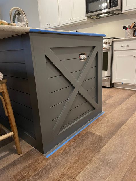 Shiplap Dreams: Complete Guide to a DIY Kitchen Island Makeover. This shiplap kitchen island makeover made a huge difference in this kitchen. Not only did the shiplap look bring out the kitchen island as a centerpiece, the dark accent color added so much dimension. It's a DIY home decor idea that I'm pleased to share with you! Follow my kitchen makeover here #kitchen #kitchenmakeover #DIYmakeover #DIYkitchen #kitchenisland Sheetrock Island Makeover, Kitchen Island Accent Ideas, Painted Kitchen Peninsula, Modern Farmhouse Kitchen Island Ideas, Stained Shiplap Island, Wrapping Kitchen Island, Shiplap Island Kitchen Diy, Kitchen Island Covering Ideas, Black Shiplap Island Kitchen