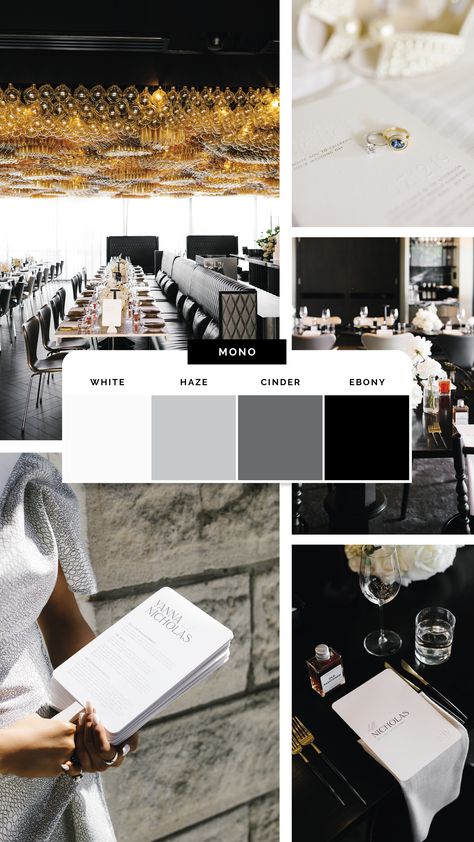 Black Gray Wedding Color Schemes, Grey Wedding Theme Colour Palettes, Black White And Gray Wedding Theme, Gray And White Wedding Theme, Black Grey And White Wedding, Black And White Wedding Color Schemes, Black White And Grey Wedding Ideas, Black And White Wedding Palette, Wedding Decor Moodboard