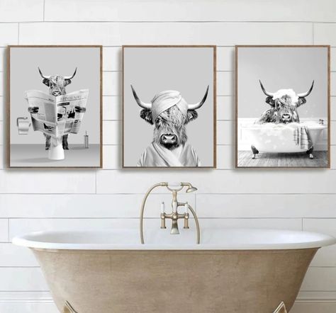 Set of 3 Scottish Highland Cow Print Funny Bathroom Print | Etsy Australia Cow Bathroom Decor Ideas, Cow Bathroom, Kids Bathroom Art, Scottish Highland Cow, Highland Cow Print, Wall Art Kids, Funny Bathroom, Print Black And White, Art Bathroom