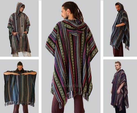 🌿 This colorful and comfortable hand woven Cotton Poncho with hood with big pocket in the front is perfect for inside and outside activities. There are a Kangaroo pocket and wooden toggle button on the front with hidden ties on the sides and tassels around the bottom hem. Woven Cotton will keep you Dystopia Clothes, God Fashion, Festival List, Long Poncho, Tattoo Modern, Poncho Hoodie, Poncho With Hood, Mens Poncho, Festival Poncho