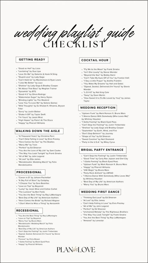 Wedding Reception Song List, Wedding Music List Template, Dj Checklist For Wedding, Sign List For Wedding, Fun Wedding Playlist, Wedding Ceremony Song List Template, Dj Playlist Wedding Template, Wedding Song Playlist Template, Wedding Songs Checklist