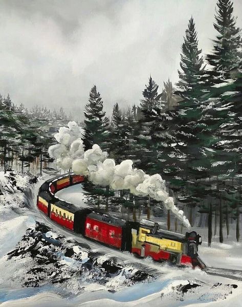 Canvas Painting Ideas Winter, Painting Ideas On Canvas Winter, Polar Express Painting, Winter Canvas Painting, Train Painting, Winter Oil Painting, Winter Scene Paintings, Winter Paintings, Winter Drawings