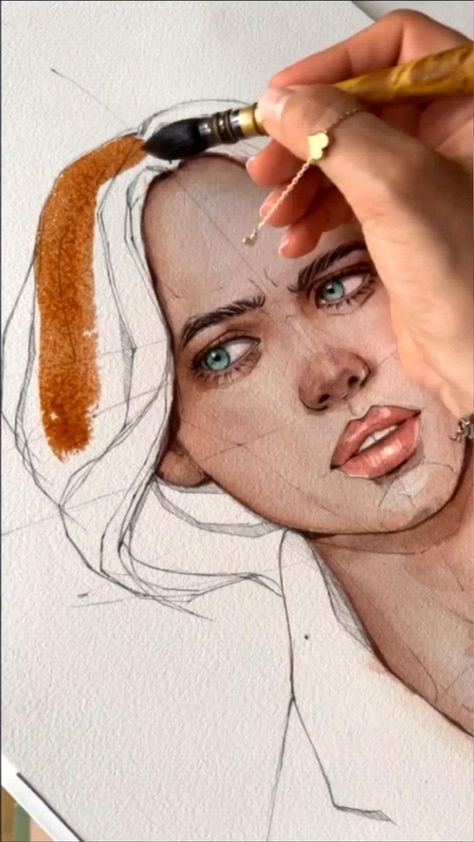 Aesthetic Face Photography, Watercolor Woman Painting, How To Paint Hair In Watercolor, Creative Watercolor Portraits, Watercolor Vs Acrylic, Watercolor Art Figures, Sketch Face Ideas, Ink Painting Portrait, Art Inspo Portrait