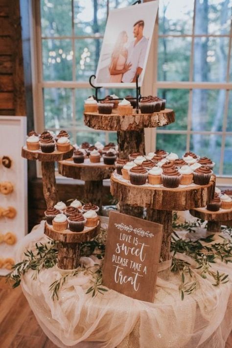 40+ Fall Wedding Ideas on a Budget We Love | HubPages Wedding Cupcake Table Rustic, Rustic Wedding Cake And Dessert Table, Wedding Cupcakes Display Ideas, Boho Cake And Cupcake Display, Cupcake Wedding Ideas, Fall Wedding Cupcake Tower, Fall Cupcakes For Wedding, Winter Wedding Decorations Rustic, Wedding Cupcake Table Decor