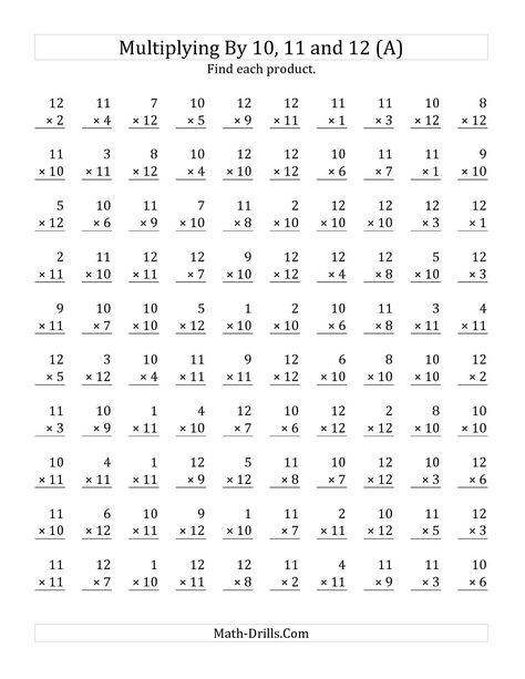 The Multiplying 1 to 12 by 10, 11 and 12 (A) math worksheet from the Multiplication Worksheet page at Math-Drills.com. 4th Grade Multiplication Worksheets, Multiplication Drills, Free Printable Multiplication Worksheets, 4th Grade Multiplication, Printable Multiplication Worksheets, Multiplication Facts Worksheets, Math Multiplication Worksheets, Math Fact Worksheets, Math Addition Worksheets