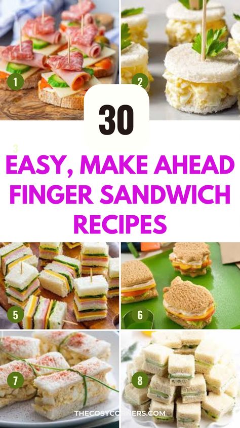 Check our top favorite delicious finger sandwiches, you will find the perfect appetizer for your next event. These finger sandwiches have everything from classic cucumber sandwiches to savory vegetarian options. Click here for more delicious finger sandwiches, finger sandwiches for a crowd, finger sandwiches for appetizers, finger sandwiches for bridal showers, easy & vegetarian finger sandwiches recipes, finger sandwiches for the tea party, finger sandwiches for Hawaiian party rolls. Best Party Finger Sandwiches, Easy Small Sandwiches For Party, Yea Party Sandwich Recipes, Make Ahead Finger Sandwiches, Cute Finger Sandwiches, Recipes For Afternoon Tea Parties Food, Sandwich Bites Parties, Goat Cheese Tea Sandwiches, Garden Spread Finger Sandwiches