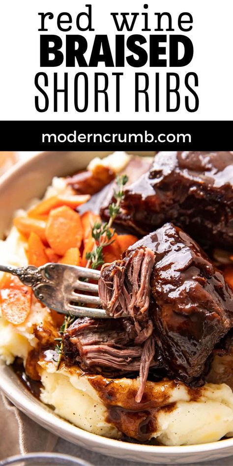 These tender red wine braised short ribs are the perfect winter dinner. They are braised low and slow in the oven with fresh thyme, garlic and red wine until they fall of the bone. Serve them with carrots and gouda mashed potatoes. Use the liquid in the pot to make an easy red wine reduction sauce. Garlic Braised Short Ribs With Red Wine, Red Wine Braised Beef Short Ribs, Red Wine Reduction Sauce Beef, Red Wine Braised Short Ribs Instant Pot, Red Wine Short Ribs Dutch Ovens, Slow Braised Short Ribs, Red Wine Short Ribs Slow Cooker, Red Wine Braised Short Ribs Dutch Ovens, Red Wine Braised Short Ribs Slow Cooker