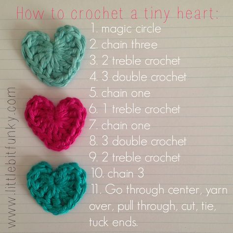 Little Bit Funky: how to crochet a {tiny} heart! Crocheted Hearts, Crochet Heart Pattern, Confection Au Crochet, Pola Amigurumi, Valentines Crochet, Crochet Simple, Crochet Inspiration, Crochet Diy, Crochet Heart