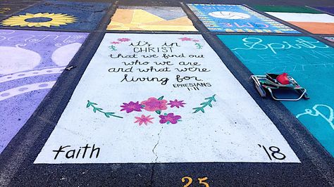 Painted high school parking spot Senior Parking Space Ideas Bible Verse, Bible Verse Parking Spot Painting, Bible Verse Parking Spots, Christian Painted Parking Spots, Bible Verse Senior Parking Spot, Senior Parking Spaces Bible Verses, Parking Spot Painting For Teachers, Parking Spot Painting Junior Year, Parking Spot Painting Junior