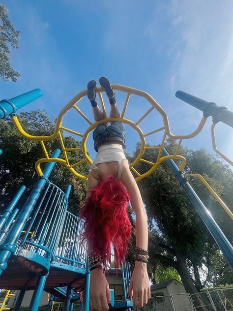 red hair studded jewerly playground photos alex g shoegaze jorts upsidown photoshoot Playground Photo Shoot, Playground Photography, Playground Pictures, Photo Recreation, Alex G, Foto Ideas Instagram, Friend Photoshoot, Pose Reference Photo, Photo Reference