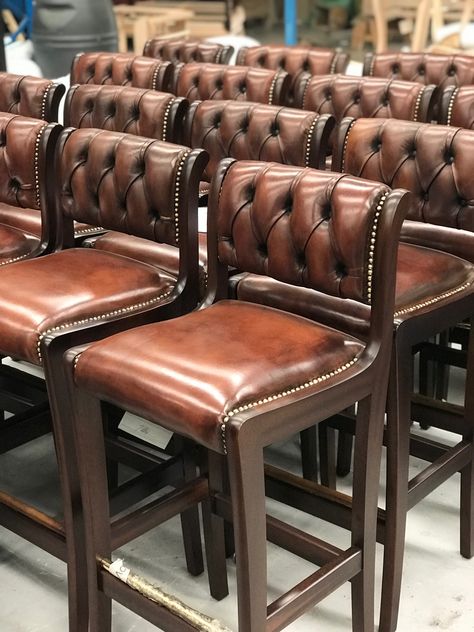 Regency bar stools in Hand-Coloured Brown leather, dark oak wood stain and individual brass studs. #fleminghowland #barstool #leatherchairs Bar Sofas Lounge, Speakeasy Bar Stools, Dark Wood Bar Stools, Bar Height Bar Stools, Leather Bar Stools With Back, Bar Stools Ideas, Rustic Bar Stool, Leather Bar Chairs, Bar Stools Leather