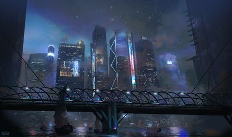 Cyberpunk Bridge, Dbh Aesthetic, Cyberpunk Cityscape, Cyberpunk Concept Art, Cyberpunk 2020, Sci Fi City, Cyberpunk Aesthetic, Cyberpunk City, Paintings And Drawings