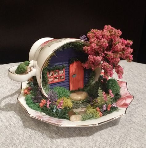 Teacup Garden, Fairy Garden in Cup & Saucer, Miniature Garden, Handcrafted by Cardinal on the Mantel Diy Teacup Planter, Teacup Fairy Gardens, Tea Cup Miniature Garden, Tea Cup Fairy House, Clay Tea Cups Diy, Teacup Fairy House, Tea Cup Crafts Diy, Old Tea Cups Ideas, Teacup Miniatures