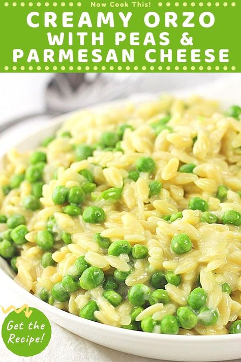 Easy Creamy Orzo Recipes, Creamy Cheesy Orzo, Orzo And Peas, Orzo Peas Recipes, Orzo With Peas And Parmesan, Orzo With Veggies, Spring Side Dishes Veggies, Orzo Peas Parmesan, Cheesy Peas