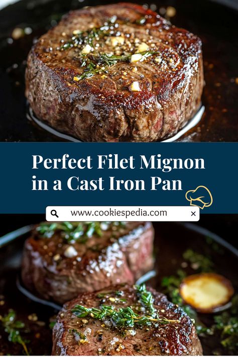 Discover this easy dinner recipe for cooking filet mignon in a cast iron pan! This method ensures a tender, juicy steak with a beautiful sear, making it perfect for special occasions or date nights. Quick to prepare and packed with flavor, it’s a meal your family will love! #EasyDinnerRecipe #FiletMignon #SteakRecipe Dutch Oven Filet Mignon, Filet Mignon Recipes Pan Seared And Oven, Filet Mignon Oven Recipes, Perfect Filet Mignon Cast Iron, Oven Roasted Filet Mignon, Best Filet Mignon Marinade, Crock Pot Filet Mignon, Broil Filet Mignon In Oven, Fancy Filet Mignon Dinner