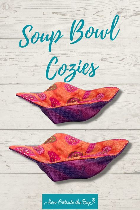 Picture of 2 soup bowl cozies and a link to a free pattern and a sew along video tutorial. Sewing Bowl Cozies, Soup Bowl Cozy Pattern Easy, Bowl Cozy Pattern Free Printable, Bowl Cozy Pattern Free, Cozy Bowl Pattern Free, Soup Bowl Cozies, Kids Sewing Kit, Soup Bowl Cozy, Bowl Cozies