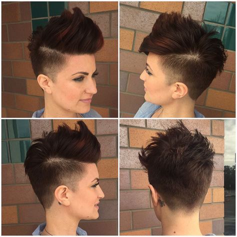 Get styling advice for this Brunette Undercut Faux Hawk Pixie with Burgundy Highlights and find other fun short hairstyles at Hairstyleology.com Faux Hawk Hairstyles, Short Shaved Hairstyles, Funky Short Hair, Mohawk Hairstyles, Hair 2018, Ombré Hair, Faux Hawk, Funky Hairstyles, Short Haircut