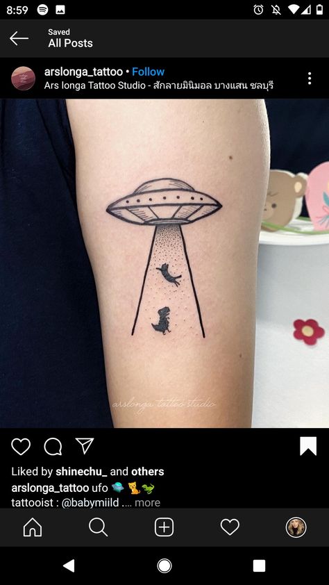 Alien Ship Tattoo, Playing Guitar Tattoo, Bea Tattoo, Space Tattoos, Matching Tats, Guitar Tattoo, Family Tattoo, Ship Tattoo, Hand Poke