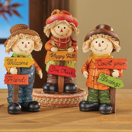 Hand-Painted Harvest Scarecrow Figurines - Set of 3 | Collections Etc. Painted Scarecrow, Scarecrow Decorations, Colorful Outfit, Pumpkin Thanksgiving, Autumn Table, Autumn Decorating, Fall Table Decor, Collections Etc, Harvest Season