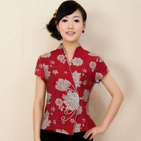 Chinese Blouse, Embroidery Shirts, Chinese Shirt, Silk Shirts, Chinese Style Dress, Traditional Dresses Designs, Print Butterfly, Myanmar Dress Design, Batik Design