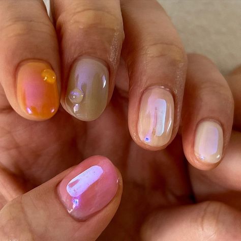 Multicolor Short Nails, Spring Jelly Nails, Very Short Nails Design, Gel On Natural Nails Short, Name On Nails, Simple Gel Nail Art, Short Colorful Nails, Colorful Gel Nails, Unique Short Nails