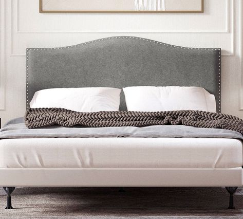 Glenwillow Kameli Nailhead-Trim Camelback Upholstered Headboard | Mattress Firm Upholstery Headboard, Bedroom Transitional, Low Profile Platform Bed, Upholstery Foam, Headboard Designs, New Beds, Make Your Bed, Adjustable Beds, Platform Bed Frame