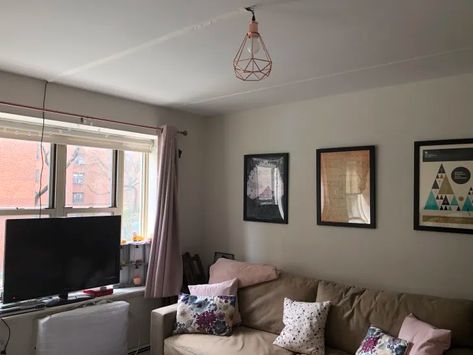 These Amazon Plug-In Pendant Lights Saved My Dark Living Room | Apartment Therapy Apartment Therapy Bedroom, Dark Living Room, Bedroom Lighting Design, Two Couches, Pendant Light Cord, Total Darkness, Upper Manhattan, Dark Living Rooms, Plug In Pendant Light