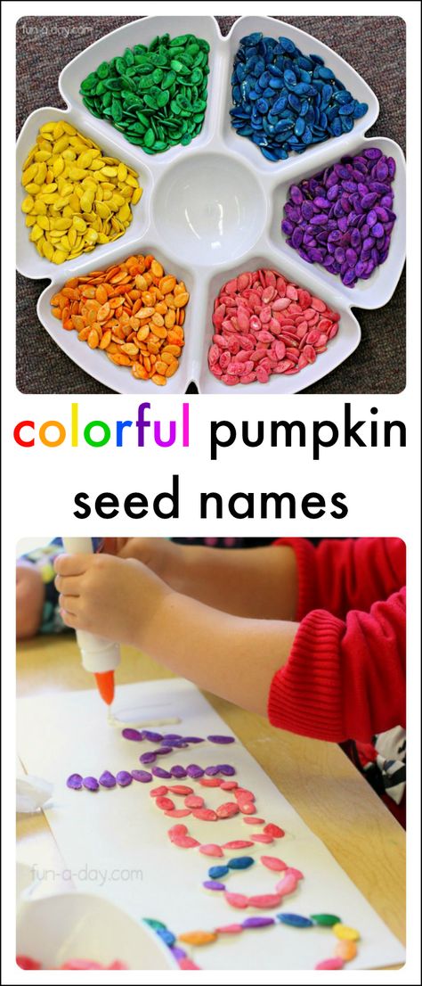 Rainbow pumpkin seeds name activities for kids to try today October Activities, Fall Preschool Activities, Pumpkin Activities, Name Activities, Fall Preschool, Pumpkin Seed, Pumpkin Colors, Thanksgiving Activities, Pumpkin Crafts