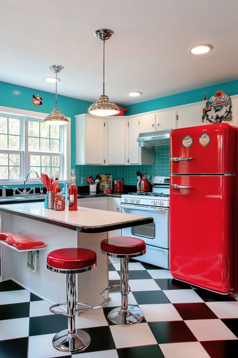 Discover this latest kitchen design that combines retro charm with modern functionality! With eye-catching red accents and sleek appliances, this kitchen is both stylish and practical. Perfect for those who love a pop of color in their space! #KitchenDesign #RetroKitchen #HomeDecor Retro Themed Kitchen, Mint And Red Kitchen, American Retro Interior, Retro Diner Aesthetic Kitchen, Retro Diner Kitchen Ideas, Retro Kitchen Decor Ideas, Red Retro Kitchen, Diner Kitchen Theme, Retro Kitchen Colors