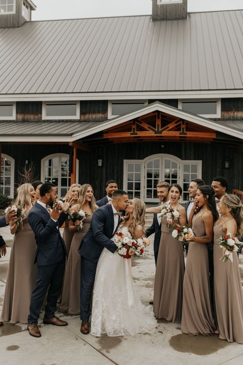 Neutral Winter Wedding Colors, September Wedding Bridesmaids, Bronze Bridesmaid Dresses With Groomsmen, Navy And Tan Wedding Colors, Fall Wedding Colors Bridal Party, Weddings Without Bridal Party, Wedding Party Color Ideas, Navy And Brown Wedding, Dark Champagne Bridesmaid Dresses