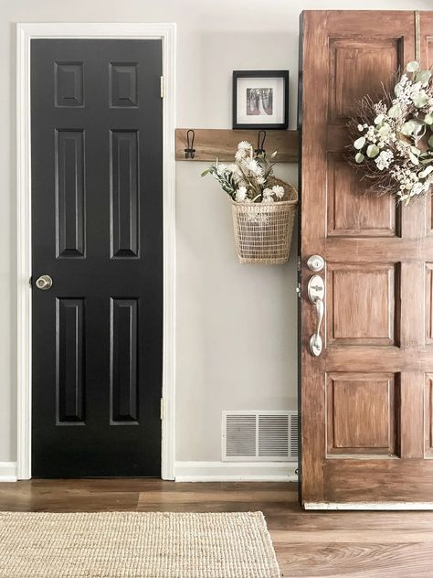 Faux Wood Painted Front Door: How Does it Look 3 Years Later? • Emily Rone Home Inside Front Door Decor, Faux Wood Painting, Entryway Paint Colors, Faux Wood Paint, Glass Storm Doors, Red Shutters, White Front Door, Front Door Color, Painting 101