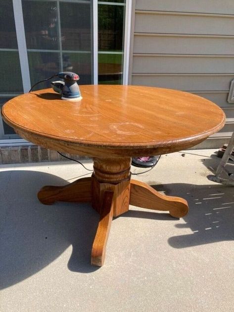 Dining Table Make Over | Hometalk Round Dining Table Refinish, Painted Pedestal Dining Table, Pedestal Kitchen Table Makeover, Kitchen Table Colors Painted, Kitchen And Dining Room Color Ideas, Painted Kitchen Table Ideas, Redo Dining Table, Round Oak Table Makeover, Table Stain Colors