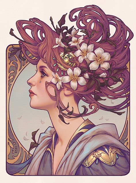 ArtStation - Princesse des Fleurs , Maria Dimova Fleurs Art Nouveau, Art Nouveau Tattoo, Motifs Art Nouveau, Nouveau Tattoo, Alphonse Mucha Art, Woman With Flowers, Mucha Art, Art Nouveau Illustration, Art Nouveau Poster