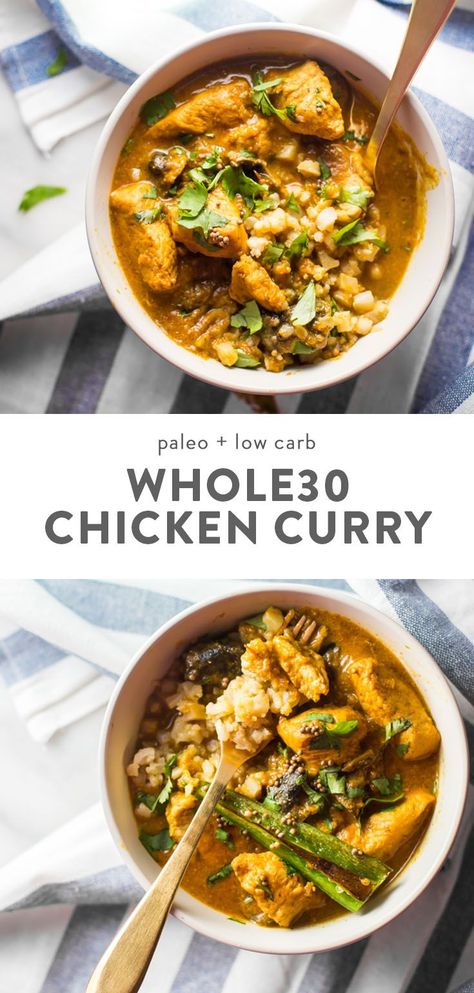 This Whole30 chicken curry recipe is restaurant-quality and surprisingly easy. Low carb, paleo, and, of course, Whole30, this Whole30 chicken curry recipe is a favorite at our home and doesn't even require any weird ingredients! You'll love this Whole30 chicken curry recipe because it's super flavorful and versatile, and it might even replace some Indian takeout! #keto #chicken Paleo Coconut Chicken, Chicken Breast Curry, Indian Takeout, Paleo Menu, Kari Ayam, Moussaka Recipe, Whole30 Chicken, Chicken Curry Recipe, Paleo Chicken