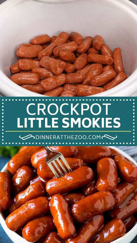 These little smokies are cocktail sausages simmered in the crockpot in a sweet and savory barbecue sauce.  A super easy slow cooker appetizer. Spell Recipes, Crockpot Little Smokies, Hot Lunches, Little Smokies Recipes, Smokies Recipe, Little Smokies, Slow Cooker Appetizers, Cocktail Sausages, Crockpot Appetizers