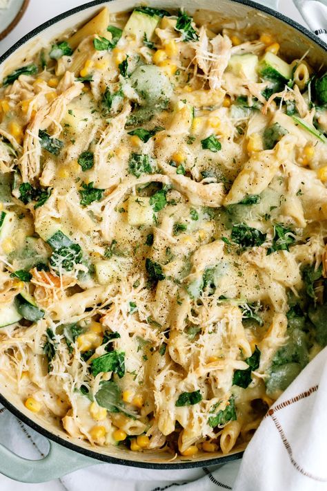 Creamy Chicken Corn Pasta, Chicken Corn Dinner, Chicken Zucchini Pasta Casserole, Chicken Zucchini Corn Recipes, Chicken And Squash Pasta, Corn And Zucchini Pasta, Courgette And Chicken Recipe, Chicken Zucchini Mushroom Pasta, Chicken Zucchini Spinach Recipes