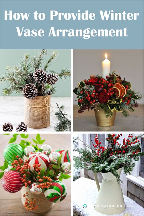 Small Christmas Vase Ideas, Vases For Christmas, Winter Arrangements Indoor, Winter Floral Arrangements Home, Christmas Vase Arrangements, Gold Vase Flowers, Winter Vase, Red Flower Arrangements, Winter Flower Arrangements